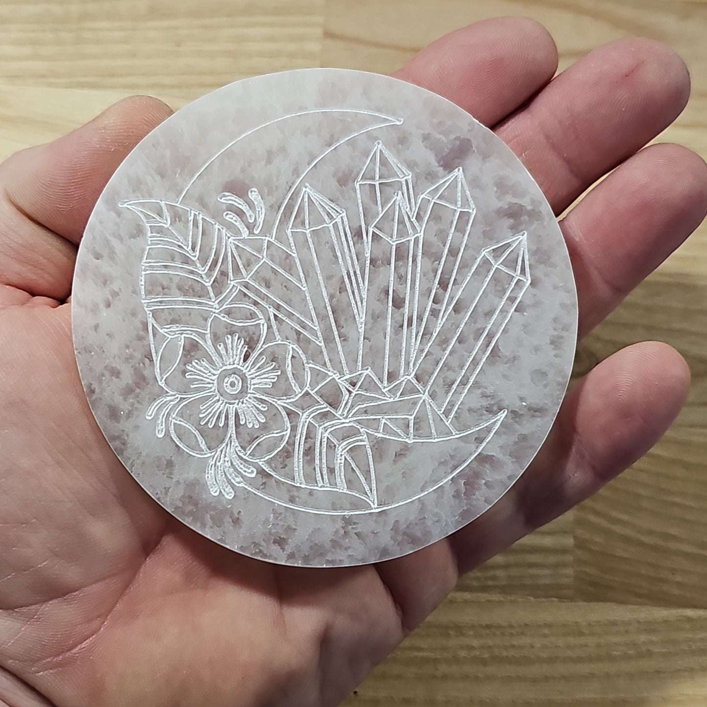 Selenite Charger Plate Crystal Engraved Art (9.5cm)
